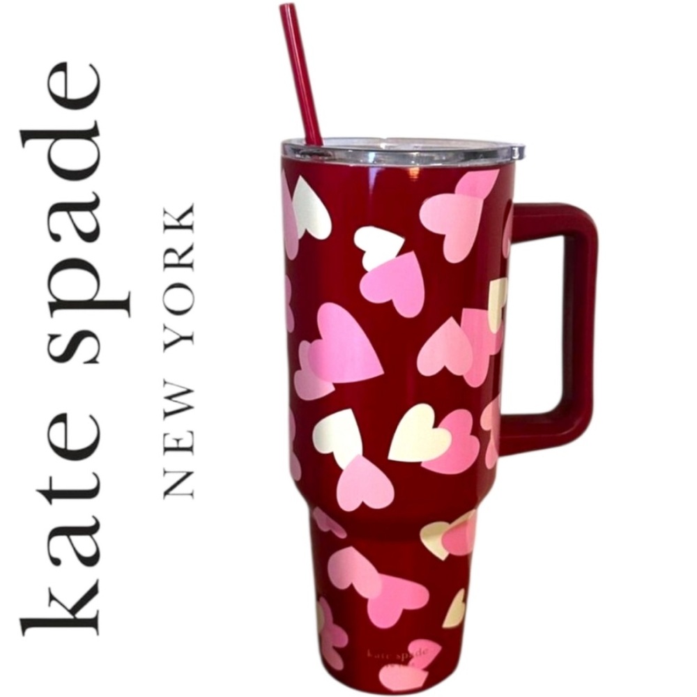 Kate Spade Red w/ Pink & White Hearts 40 oz. Tumbler NWT & Box